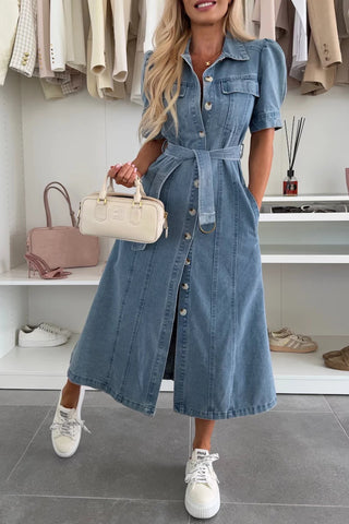 Belted Button-Front Denim Dress