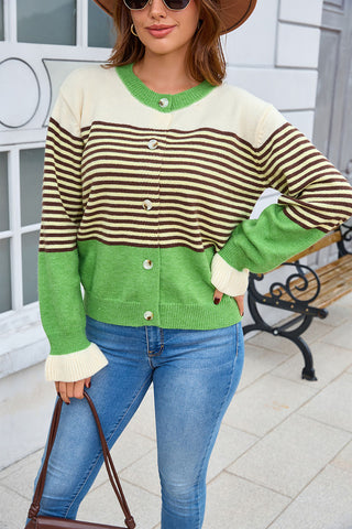 Striped Colorblock Button-Front Knit Cardigan