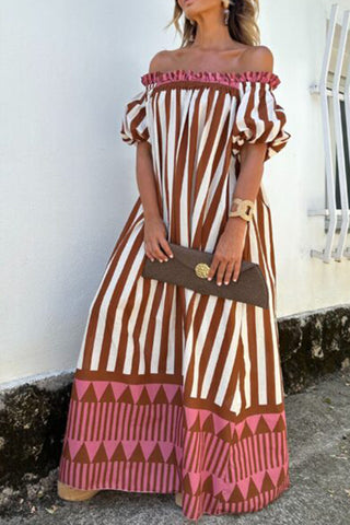Off-Shoulder Puff Sleeve Striped Maxi Dress