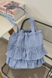 Gingham Ruffle Drawstring Tote Bag