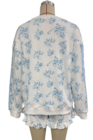 Floral Crew Neck Ruffle Short Set