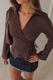 Striped Wrap V-Neck Tie Waist Blouse