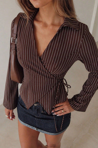 Striped Wrap V-Neck Tie Waist Blouse