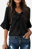 Ruffled V-Neck Blouse with Tiered Sleeves