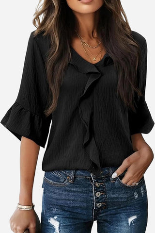 Ruffled V-Neck Blouse with Tiered Sleeves