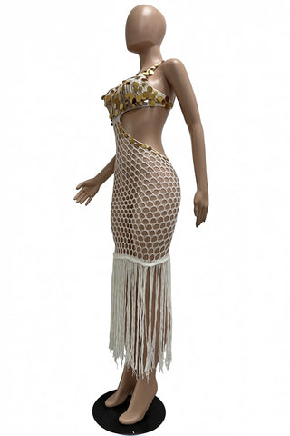 Fringe Mesh Cutout Vacation Dress