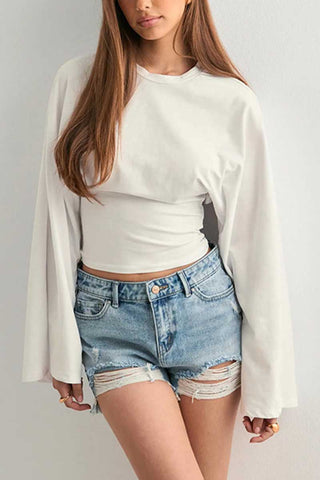 Long Sleeve Bell Sleeve Crew Neck Crop Top