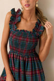 Plaid Ruffle Square Neck Midi Dress