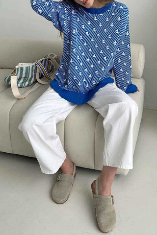 Bird Motif Crew Neck Knit Sweater