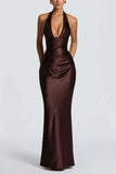 Satin Halter Plunging Mermaid Maxi Dress