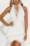 Ruched Halter Ruffle High-Low Casual Dress