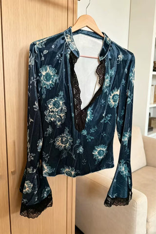 Floral Velvet Lace V-Neck Bell Sleeve Blouse