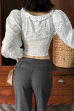 Lace Puff Sleeve Lace-Up Crop Top