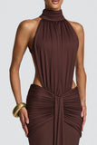 Ruched High-Neck Bodycon Maxi Dress