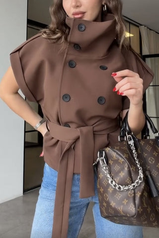Double-Breasted Puffed Sleeve Peplum Coat