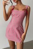 Gingham Tie-Back Square Neck Mini Dress