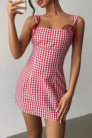 Gingham Tie-Back Square Neck Mini Dress