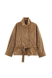 Stand-Collar Tie-Waist Suede Coat