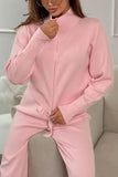 Zip-Front Mock Neck Knit Pants Set