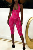 Polka Dot Halter Lace-Up Back Jumpsuit