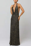 Polka Dot Halter V-Neck Maxi Dress