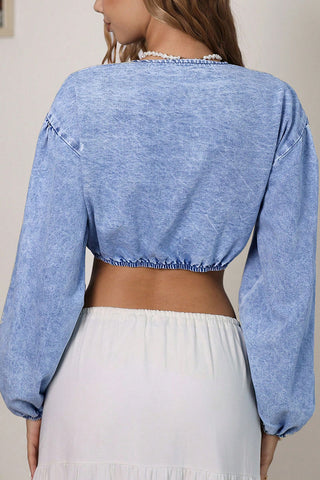 Lace-Up Puff Sleeve Denim Jacket