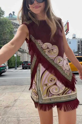 Fringe Trim Printed Sleeveless Mini Skirt Set