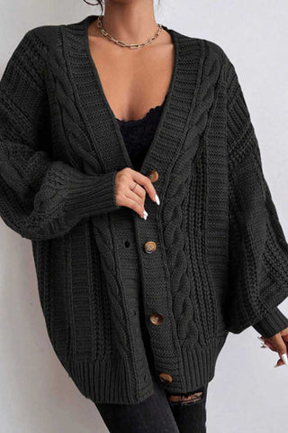Cable Knit Button-Front Balloon Sleeve Cardigan