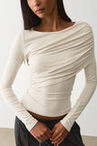 Ruched Boat Neck Long Sleeve Crop Top