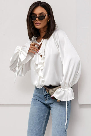 Ruffle V-Neck Tie Sleeve Satin Blouse