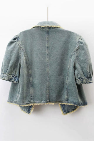 Raw Hem Puff Sleeve Denim Jacket