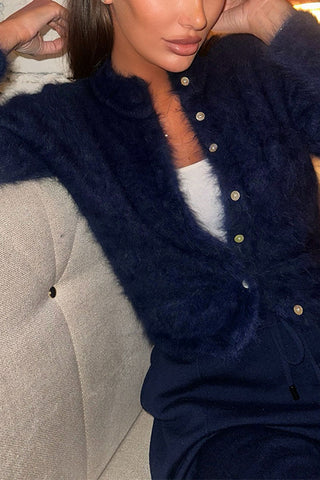 Mock Neck Button-Front Fuzzy Knit Cardigan