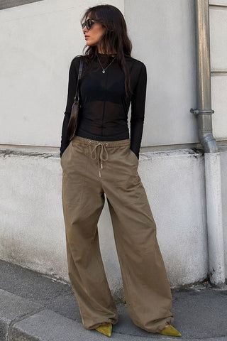 Drawstring Waist Wide-Leg Cargo Casual Pants