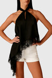 Lace Trim Asymmetric Halter Tank
