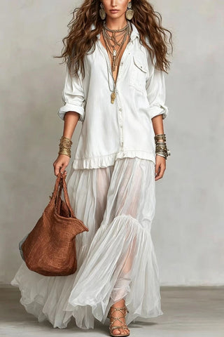 Boho Sheer Panel Maxi Shirt Dress