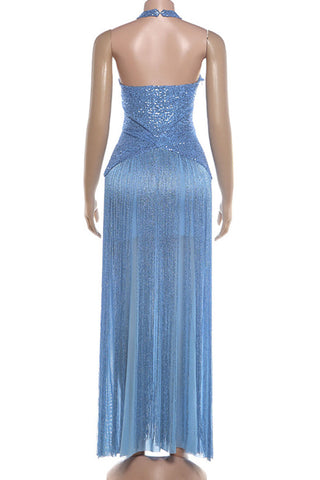 Sequin Halter Fringe Maxi Casual Dress
