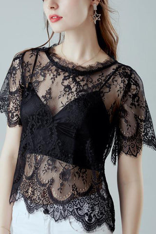 Sheer Floral Lace Flutter Sleeve T-Shirt