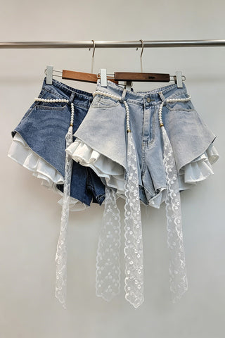Pearl Belt Ruffle Denim Shorts
