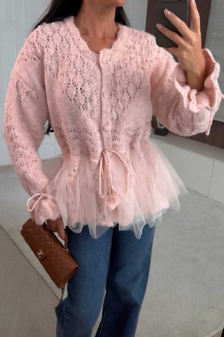 Pearl Knit Cardigan with Tulle Hem