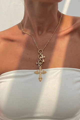Layered Cross Charm Chain Necklace