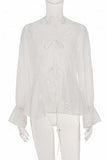 Lace-Up Front Bell Sleeve Sheer Blouse