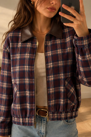 Plaid Zip-Up Jacket with Contrast Collar