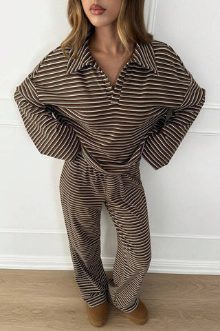 Striped Long Sleeve Collared Loungewear Set