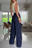 High-Waist Button Detail Straight Jeans