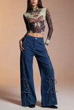 Lace-Up Side Wide-Leg Straight Jeans