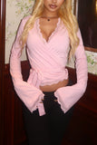 Lace Trim Wrap V-Neck Bell Sleeve Blouse