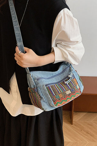 Tasselled Patchwork Drawstring Hobo Bag