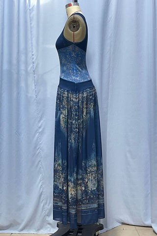 Sleeveless Mock Neck Printed Maxi Dress