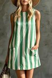 Pocketed Sleeveless Striped Mini Dress