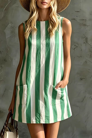 Pocketed Sleeveless Striped Mini Dress